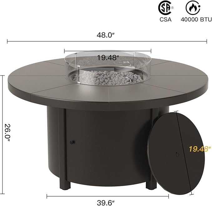 Kurapika Propane Round Fire Pit Table 48in 40000 BTU Auto-Ignition Round Gas Fire Pits CSA Certification Wider Desktop Round Fire Tables with Windshield White Stone and Lid for Outside Patio