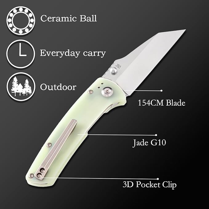 KANSEPT Mian Street Folding Pocket Knife 7.92in Liner Lock Folding Pocket Knives Liner Lock with 3.36in Stonewashed 154CM Blade and Jade G10 Handle for Outdoor Tactical Survival T1015B1