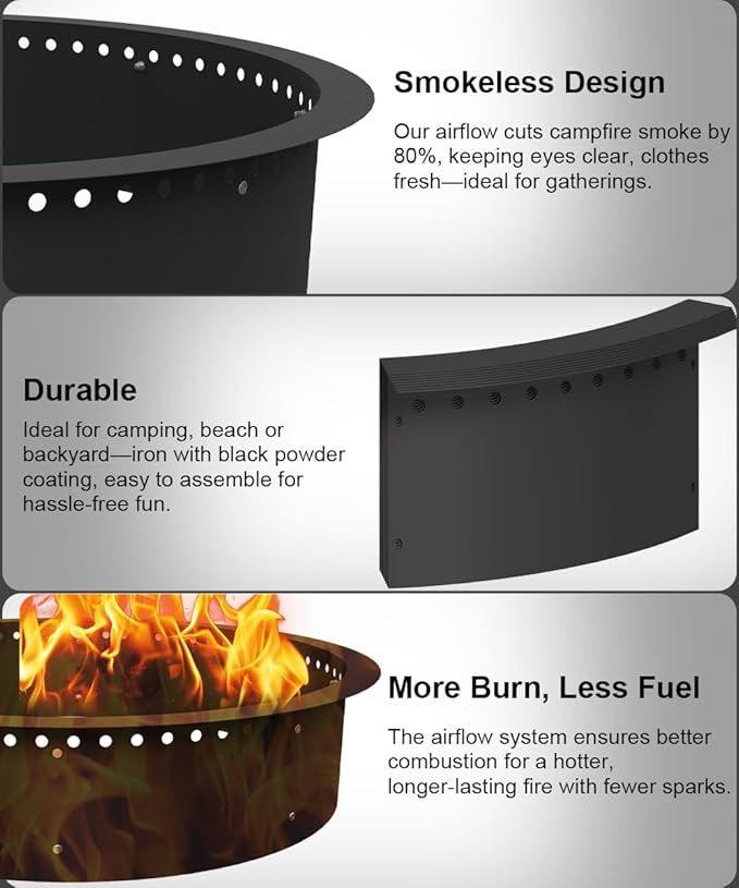 31 Inch Smokeless Fire Pit Ring Insert Outdoor Heavy Duty Metal Steel DIY Firepit Rim Liner Round Campfire Rings for Outside Wood Burning Above or In-Ground Black
