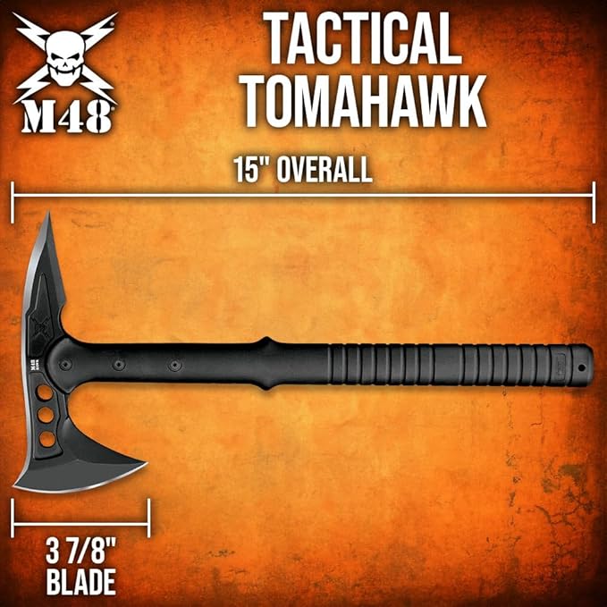 M48 Tactical Tomahawk Military Axe - Black Color | 3 ⅞” Cast Stainless Steel Combat Axe with Piercing Spike | Nylon Cord Wrapped Fiberglass Handle | Camping and Tactical Gear | 15” Length