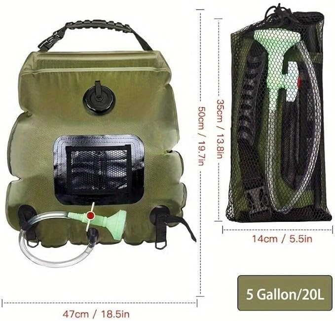 5 Gallon Solar Power Thermal Camping Shower - Enjoy Instant Warmth On-The-Go! Portable Bath Bag with Detachable Hose &amp Adjustable Showerhead Perfect for Outdoor Adventures Hiking Beach Swimmin