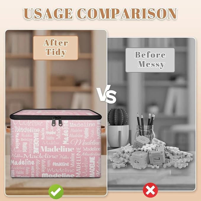 Custom Storage Basket with Name Personalized Keepsake Box with Zipper Lid Foldable Fabric Memory Bin Large capacity with Handle Pink