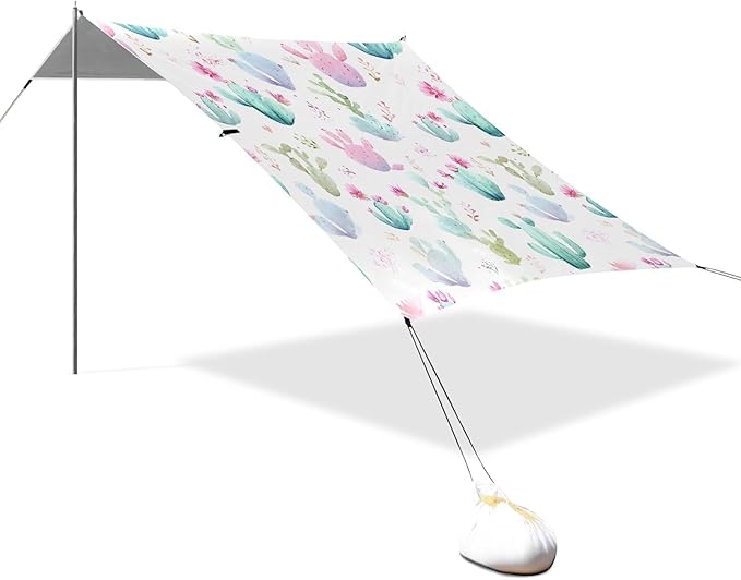 ALAZA Watercolor Cactus Cacti Beach Tent Sun Shelter UPF50+ Protection Beach Shade Canopy w/ 4 Sandbags for Outdoor Camping Fishing Backyard Fun Picnic 10x9 ft