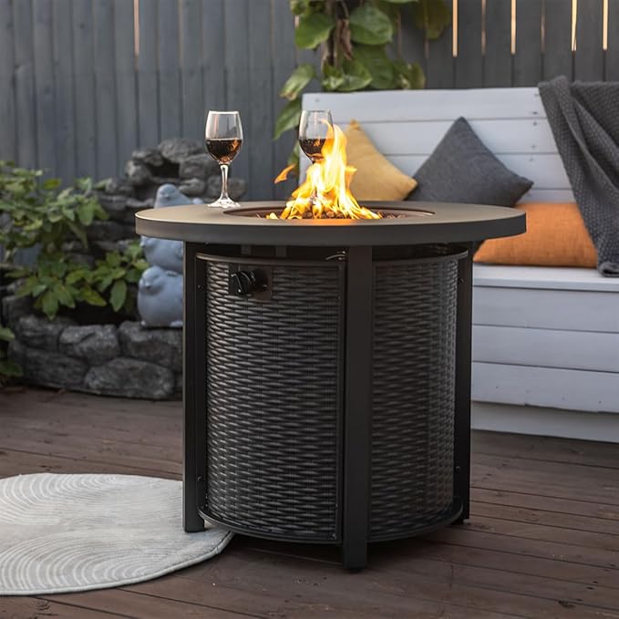 30'' Round Propane Fire Pit Table 50000 BTU Steel Gas FirePit for Outdoor Fire Table with Lid Add Warmth &amp Ambience to Gatherings and Parties On Patio Deck Garden Backyard Black.