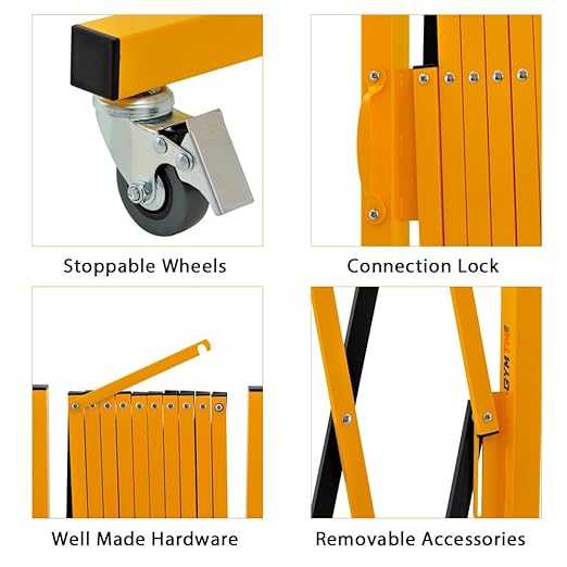 GYMTIME Industrial Expandable Metal Barricade 11 FT 47 inch high Yellow and Black Upgraded Portable Safety Barrier with Casters Flexible Fence Mobile Barrier Gate Adjustable Traffic Fence