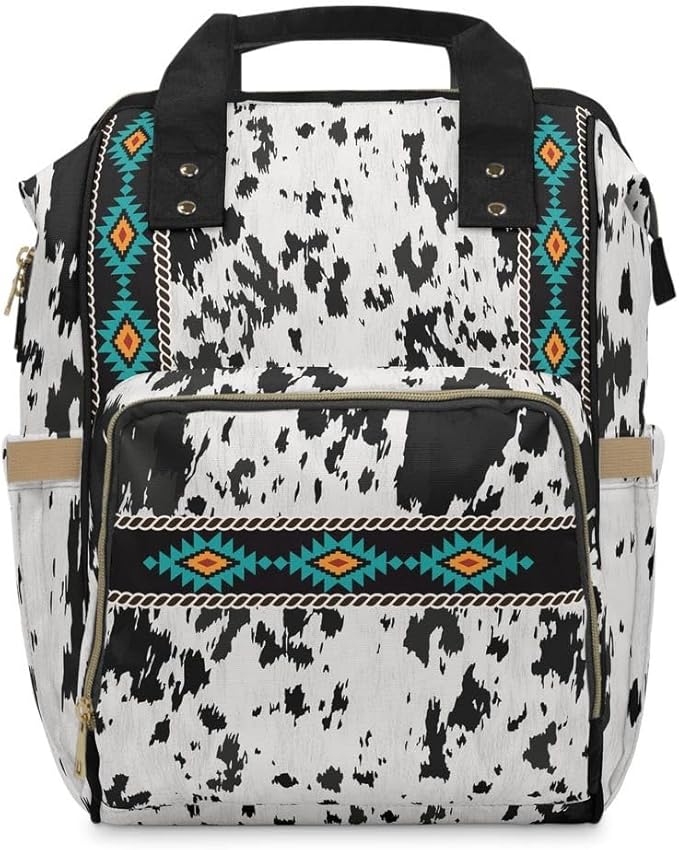 Cowhide Aztec Diaper Backpack/Cow Print Travel bag/Southwestern Shoulder bag/Cowgirl Bag/Trendy Aztec Western Bookbag/Western Carry On