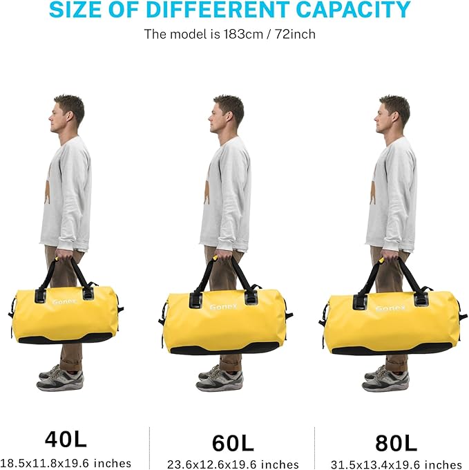 Gonex 40L 60L 80L Extra Large Waterproof Duffle Travel Dry Duffel Bag Heavy Duty Bag with Durable Straps &amp Handles for Kayaking Paddleboarding Boating Rafting Fishing