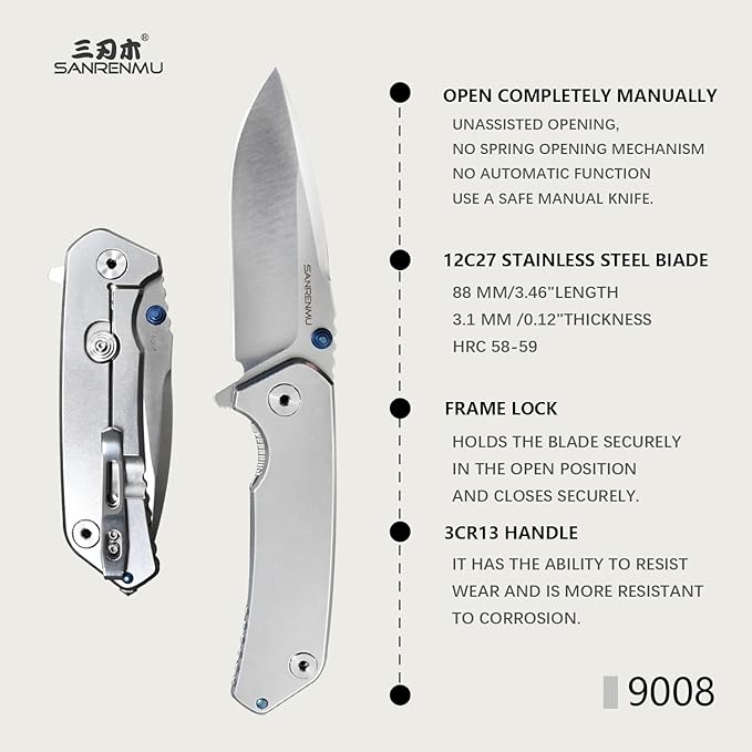 SANRENMU SRM 9008 Outdoor Folding Knife 12c27 Blade Hiking Adventure Camping Picnic Wilderness Survival Hunting Fishing EDC Portable Folding Knife (9008（Silver）)