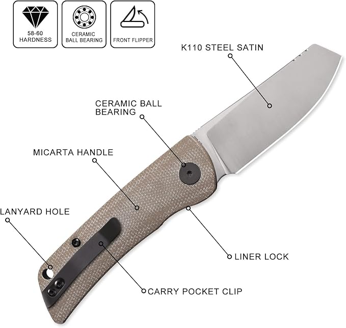Petrified fish PFE05 Flavorist3.15 K110 Satin Blade 94g Micarta Handle Front Flipper Liner lock Folding knife (Khaki)