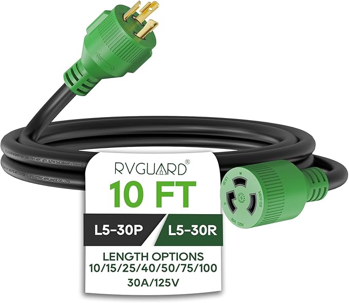 RVGUARD 3 Prong 30 Amp 10 Foot Generator Extension Cord NEMA L5-30P/L5-30R 125V 10 Gauge SJTW Generator Power Cord ETL Listed