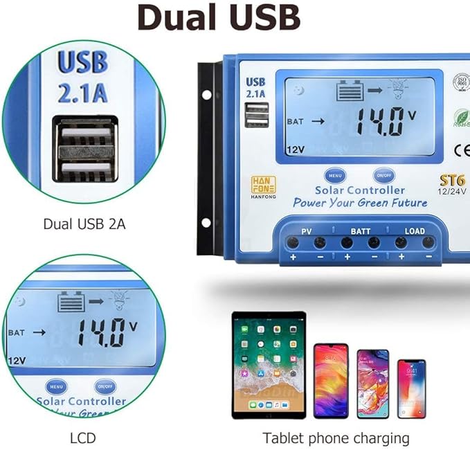 30A Solar Charge Controller 12V/24V Automatic Voltage Recognition Solar Panel Charging Discharge Regulator with Dual 5V USB Output Backlight LCD Display