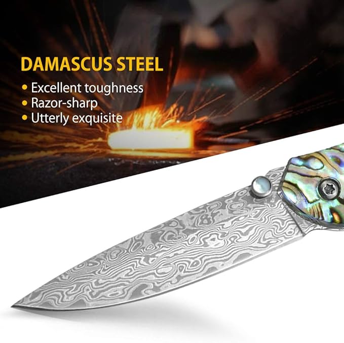 NedFoss Pocket Knife Damascus Pocket Knife with Abalone Shell Handle Handmade Forged Damascus Steel Folding Knife with Gift Box Excellent Gifts for Men Women (A-Polar Bear)