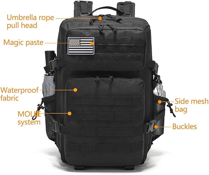 45L Military Tactical Backpack Large Army 3 Day Assault Pack Molle Bag Backpacks Hiking Fishing Rucksack (Black)