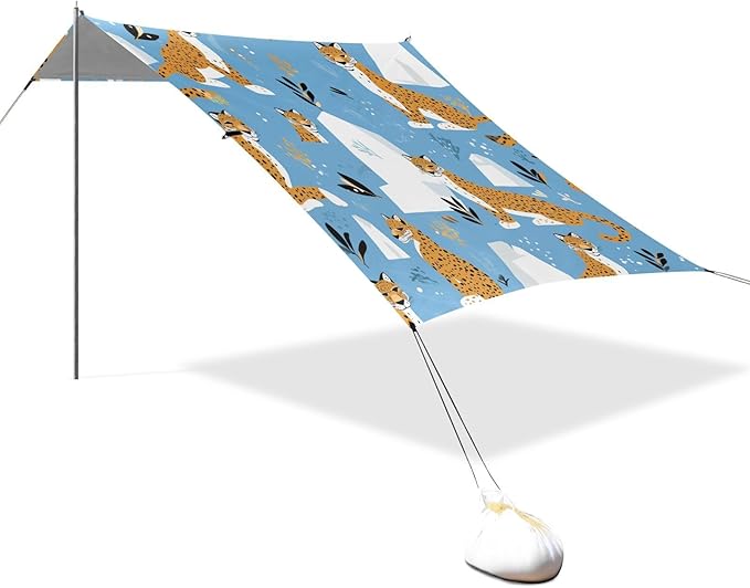 Modern Leopard Pattern Foldable Beach Canopy UPF50 Lightweight Large Sun Shelter with Sand Pockets for Camping Picnics Backyard &amp Fishing