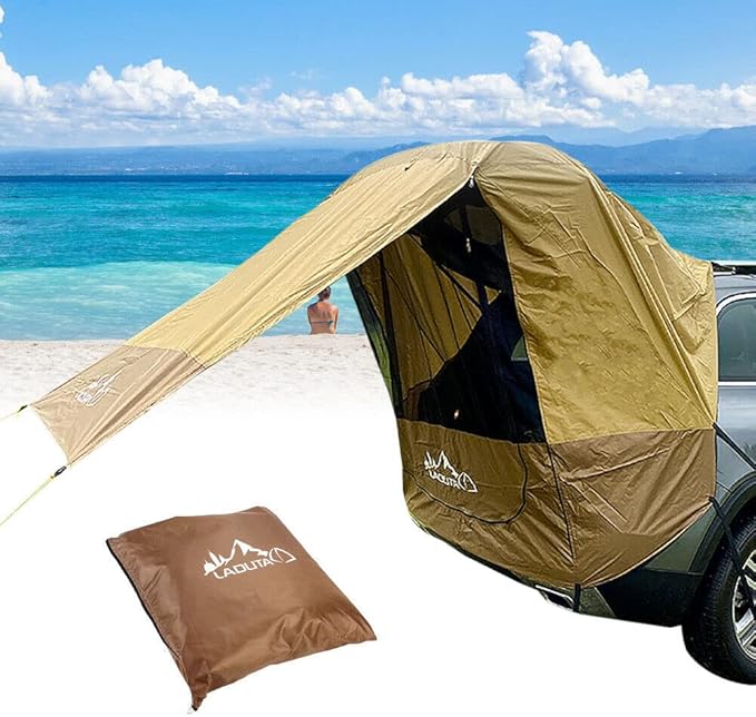 Car Trunk SUV Awning Sun Shelter Camping SUV Rear Tent with Windproof Rope Portable Tent Car Canopy Tailgate Tents for Minivan Hatchback Family Outdoor Travel(Brown)