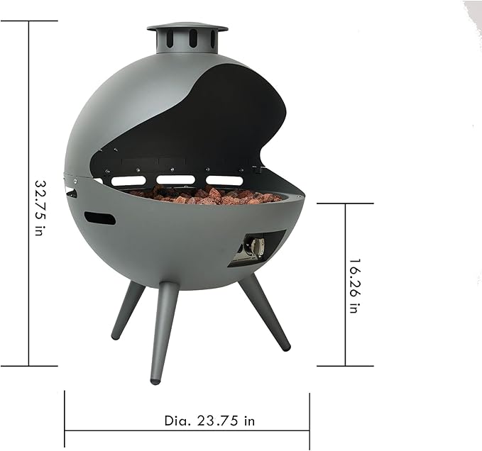 24-Inch Chimenea Propane Fire Pit with Natural Gas Conversion Kit 55000 BTU Gas Fire Pit Hemispherical 3-Legged Firepit with Lava Rocks and Rain Cover Gray