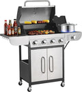 VEVOR Gas Grill 4 Burner Propane Gas Grill with Side Burner 425 SQ.In Grilling Area Carbon Steel Enamel Grates Outdoor 52000 BTU Patio Garden BBQ Grills with Two Side Shelves Stainless Steel