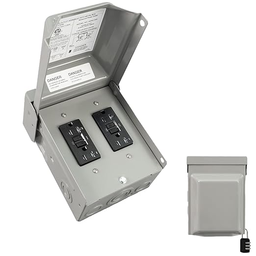 20 &amp 20 Amp Power Outlet Box 125 Volt Dual 20 Amp WRTR GFCI Receptacles Heavy Duty Lockable Weatherproof Panel Outdoor Receptacle for EV RV Generator Camper Trailer Motorhome ETL Listed
