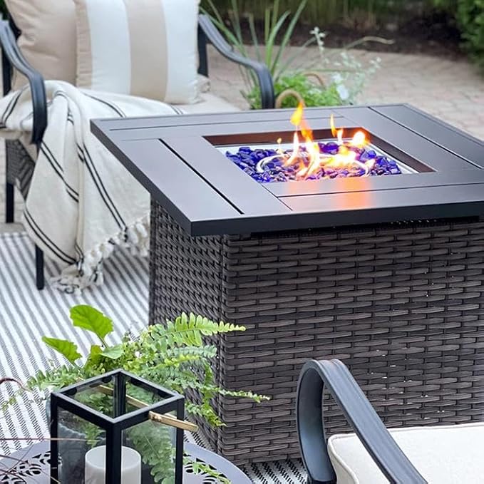 Sophia &amp William 32 Inch Gas Fire Pit Table Outdoor Rattan Propane Fire Table &amp Fireplace with Fire Glass Lid 50000 BTU Firepits for Outside Patio