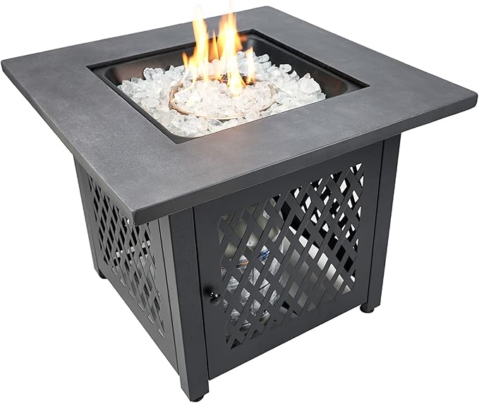 Endless Summer Charles 30 Inch Square Outdoor UV Printed 50000 BTU LP Gas Fire Pit Table with Faux Concrete Mantel Tabletop and Stamped Steel Base