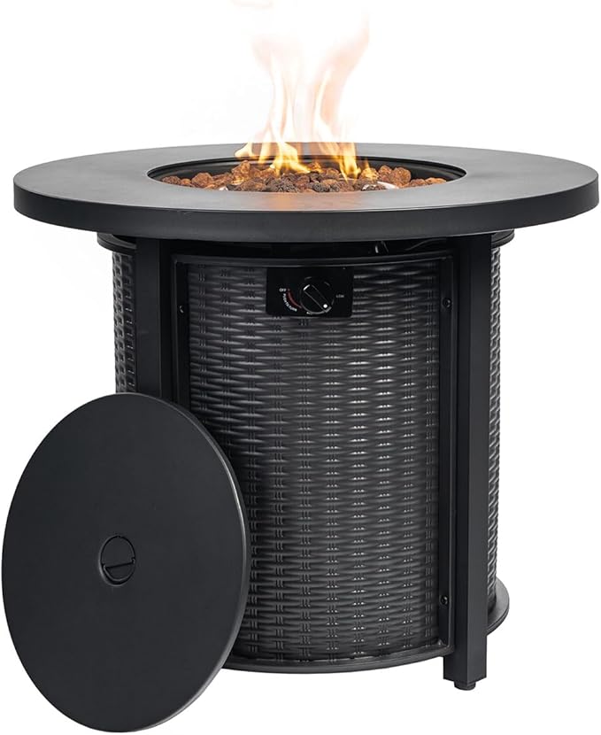 30'' Round Propane Fire Pit Table 50000 BTU Steel Gas FirePit for Outdoor Fire Table with Lid Add Warmth &amp Ambience to Gatherings and Parties On Patio Deck Garden Backyard Black.