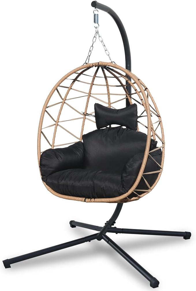 Hanging Egg Chair Swing with Stand Patio Wicker Hanging Chair Webbing &amp PE Rattan Weaving Thickened UV Resistant Cushion &amp Alloy Steel Frame 380lbs Capacity for Patio Bedroom Balcony (YH)