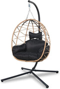 Hanging Egg Chair Swing with Stand Patio Wicker Hanging Chair Webbing &amp PE Rattan Weaving Thickened UV Resistant Cushion &amp Alloy Steel Frame 380lbs Capacity for Patio Bedroom Balcony (YH)