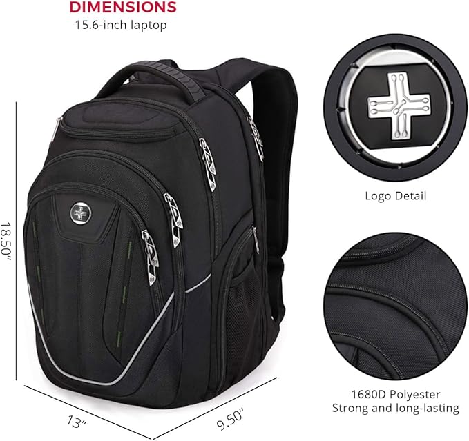 Swissdigital Design Large Travel Backpack For Men TSA-Friendly Business Laptop Backpack USB Charging PortRFID Protection Tech Backpack Fits 15.6Inch Laptop Black/Green | J16BTF-21