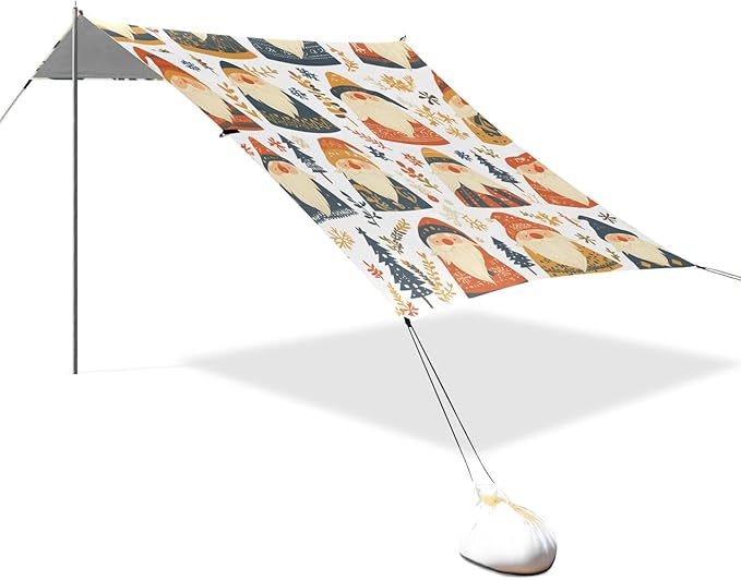 Christmas Card Funny Gnomes Scandinavian Flat Foldable Beach Canopy UPF50+ Waterproof Sun Shelter with Sand Shovel Sandbags for Family Trips Picnics &amp Camping