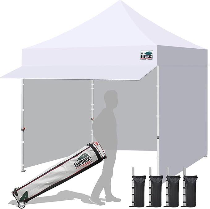 Eurmax USA 10x10 Pop Up CanopyCommercial Tent with Patented No-Tip Rolling Bag24sqft Extension Awning &amp 4 Zippered Removable WallsUV &amp Water ResistantHeavy Duty Instant Shelter GazeboWhit