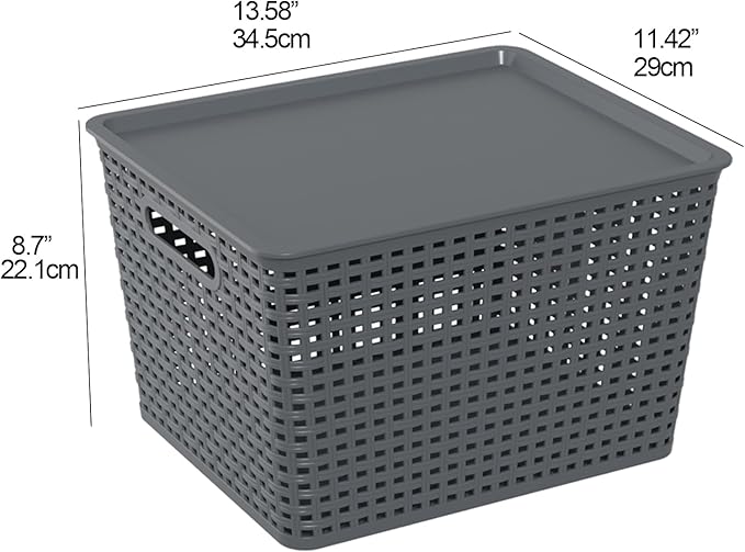 6-Packs Grey Woven Storage Baskets Bins with Lids Plastic Large Stackable Baskets Box 13.58'' x 11.42'' x 8.7''