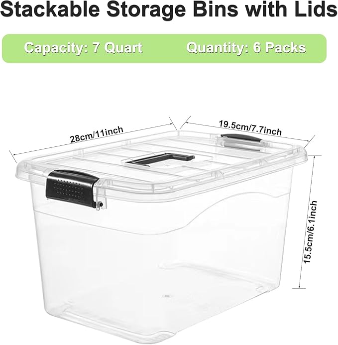 6 Packs Plastic Storage Bins with Lids and Handle 7 Quart Storage Organizer Bins with Black Buckle Lids Stackable Storage Container Clear Plastic Latching Box for Storage Organizing