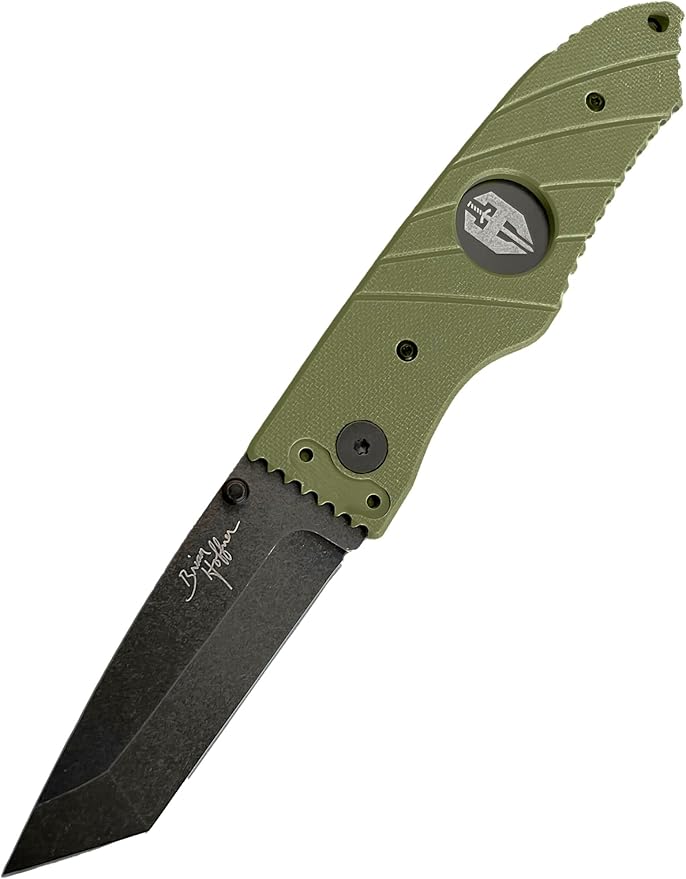 HOFFNER 3.5 EDC Folding Knife with Pocket Clip VG10 Japanese Stainless Steel Black Acid Washed Tanto Blade - (Flatline Olive Medium Texture Grip) - Camping Hiking Outdoor Survival