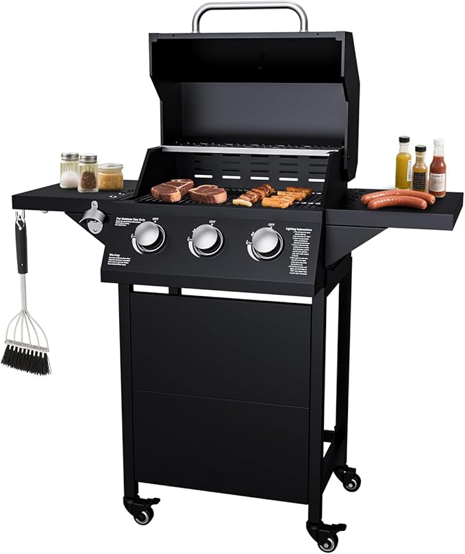 3 Burner Propane Gas Grill 30000 BTU Propane Grill with Two Side Tables Stainless Steel Barbecue Grill Outdoor Cooking BBQ for Patio Camping Backyard
