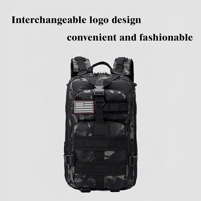 30L Comfortable Durable Military Tactical Backpack w/USA Flag Patch MOLLE Hiking Camping Travel Bag（black camouflage）