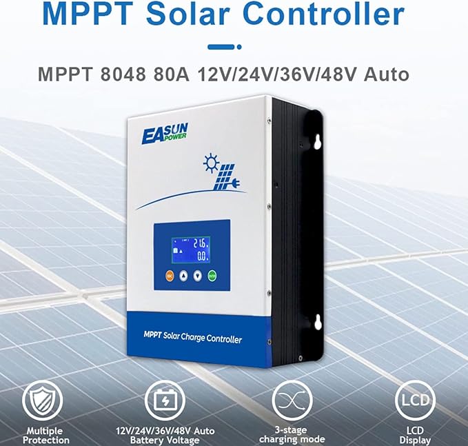 POWLAND 80A MPPT Solar Charge Controller12V/24V/36V/48V AutoMax Input 150V LCD Display Regulator Intelligent Charge Controller for Sealed Gel AGM Flooded Lithium Battery