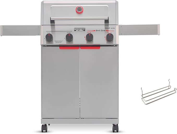 Monument Grills 4 Burner Stainless Steel Propane Gas Grill M2 500°F in 5 Mins 525 sq.in 37000 BTU with Broil Zone Foldable Side Shelves Knob Controls Built in Thermometer with Paper Rack
