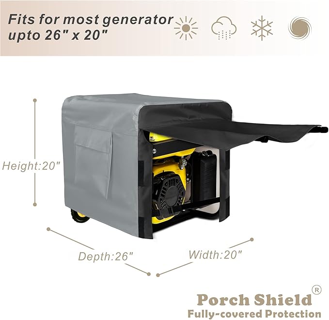 Porch Shield Waterproof Generator Cover - Heavy Duty Cover for Portable Generator 3000 to 5000 Watt (26L x 20 W x 20 H inches Black &amp Gray)