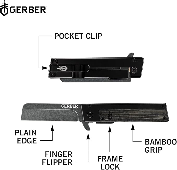 Gerber Gear Quadrant Clip Folding Pocket Knife EDC Plain Edge Flipper Knife with Pocket Clip Gifts for Men Stainless Steel Survival Tool Black Bamboo