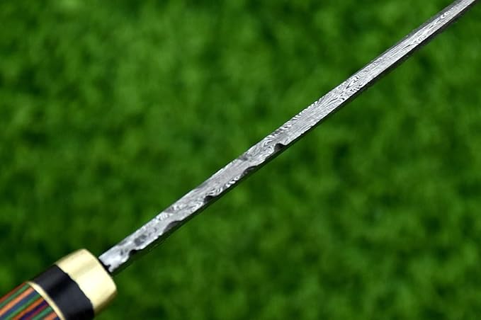 8-Inch Hand-Forged Damascus Steel Hunting Knife Fixed Blade Skinning Design with Leather Sheath Multicolor Wood Handle Brass Guard Twist Pattern Blade for Camping (Multi Color)
