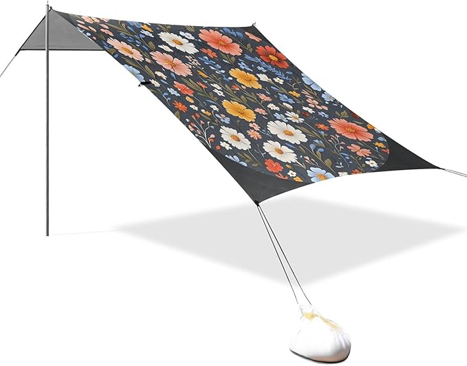 Spring Flowers Carnation Osteospermum Flower Foldable Beach Tent UPF50+ Protection Easy Setup Sun Shelter with Sandbags and Shovel for Family Trips Picnics &amp Camping