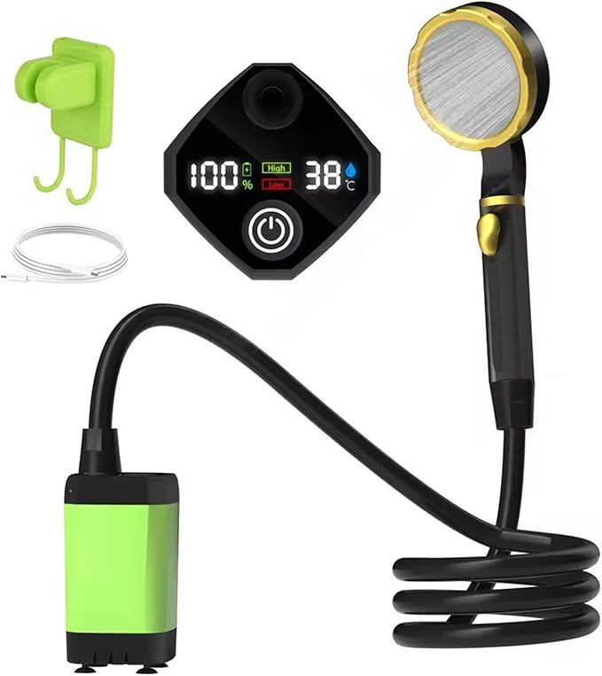 Portable Camping Shower 7800/9000mAh Rechargeable Camping Shower with Intelligent Digital Display Outdoor Camp Pump with Power Display for Hiking Travel Car Pet 7800mAhGreen