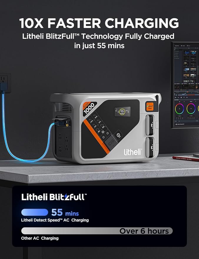 Litheli Portable Power Station Eclair 1000 1800W Solar Generator 1069Wh Outdoor Generator 1H Fast Charging LiFePO4 Power Station for Outdoor Camping Emergency and RVs(Solar Panels Optional).