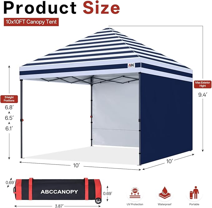ABCCANOPY Easy Pop up Canopy Tent with 2 Sidewalls for Outdoor Sun Blocking or Rain Protection10x10 Navy Blue Stripes