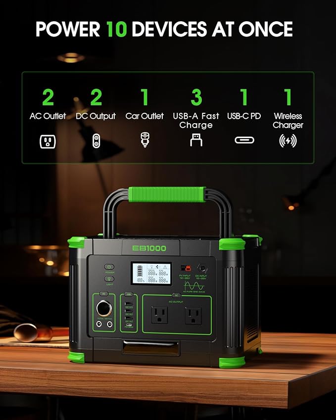 Portable Power Station 1000W (Peak 2000W) 999Wh Solar Generator with 110V Pure Sine Wave AC Outlet 60W USB-C PD 10 Ports for Camping RV Van Home Backup Emergency Off-Grid Living