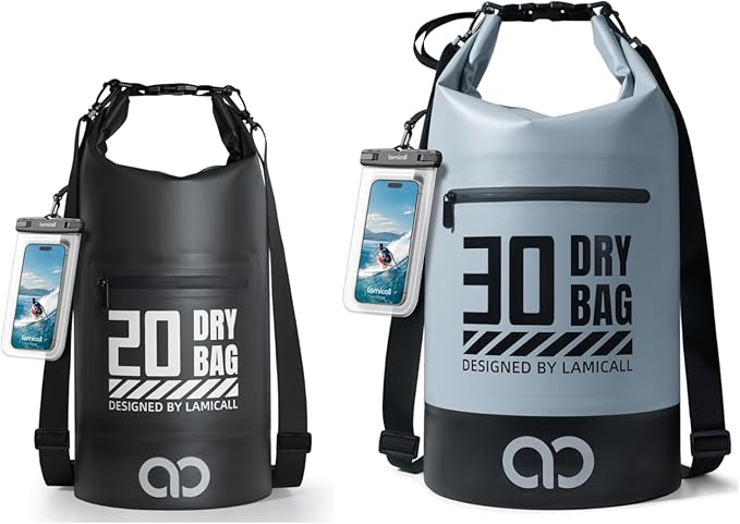 Lamicall 30L &amp 20L Dry Bag Waterproof Backpack - [Zippered Pocket] Roll Top Waterproof Bag Blueish Gray &amp Black
