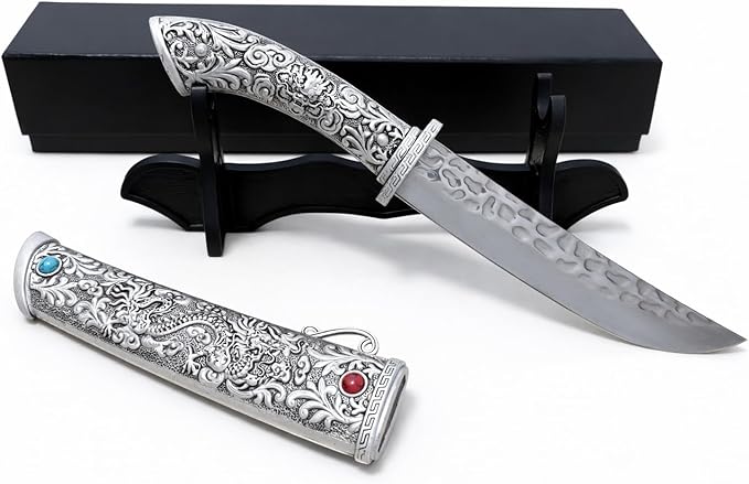 Dragon Tanto Fixed Blade Knife with Metal Sheath Display Stand &amp Gift Box Collectible Japanese Style Knife for Display Camping EDC &amp Gifts for Men