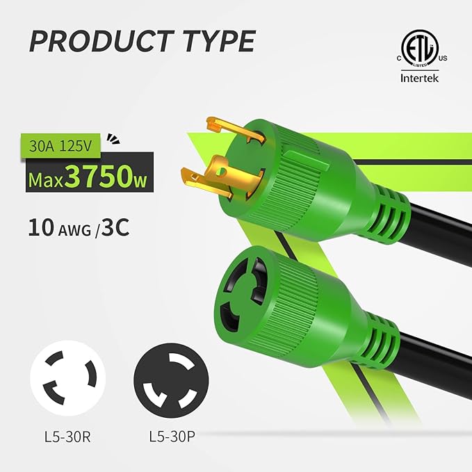 RVMATE 3 Prong 30 Amp Generator Extension Cord 20 Feet NEMA L5-30P/L5-30R 125V SJTW Jacket