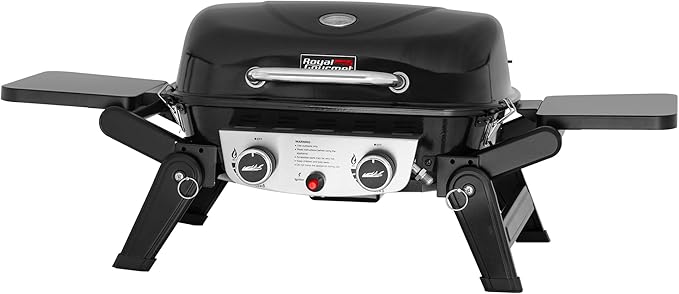 Royal Gourmet GT2005 2 Burner Portable Propane Gas Grill with Foldable Side Tables &amp Foldable Support Legs Tabletop Gas Grill with Warming Rack for Outdoor Cooking &amp Grilling Black