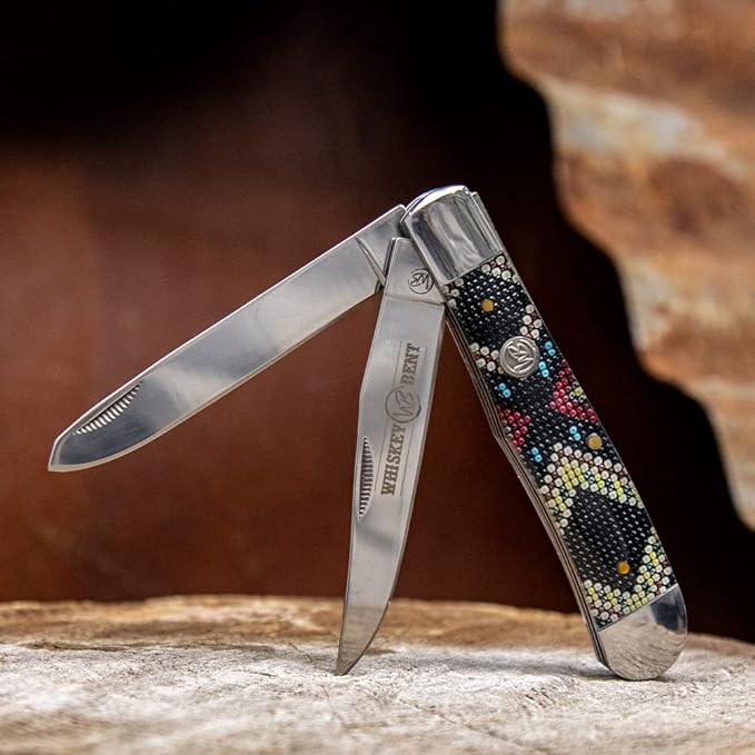 WHISKEY BENT HAT CO. Traditional Trapper Folding Pocket Knife 4.125 Closed Length 440C Stainless Steel Blades (Black Diamond Bead)